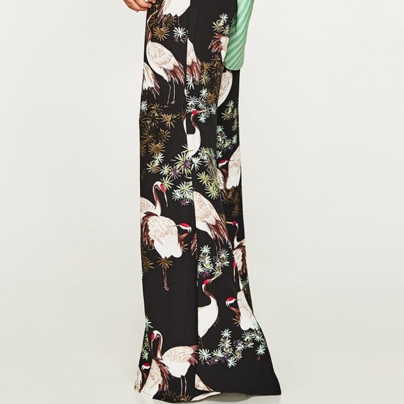 Zara Crane Bird Print Wide Leg Trousers Pants - Picture 4 of 7